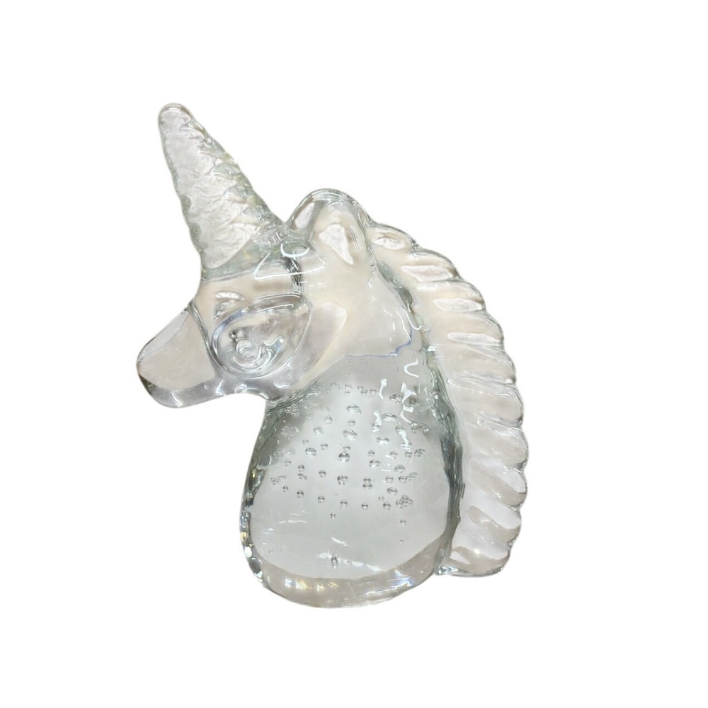 Vintage Clear Art Glass Unicorn Head Paperweight‎ Controlled Bubble Bullicante